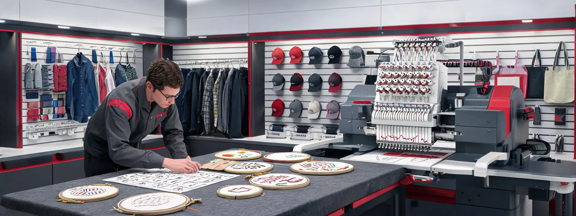 Embroidery application laboratory with garments, hoops, and sew-outs