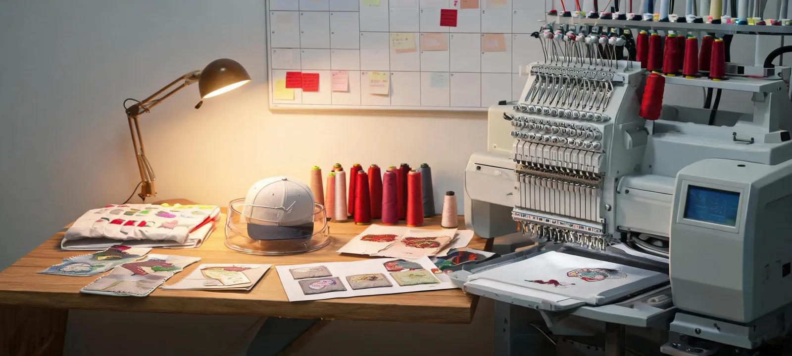 Embroidery application desk with samples and production plan