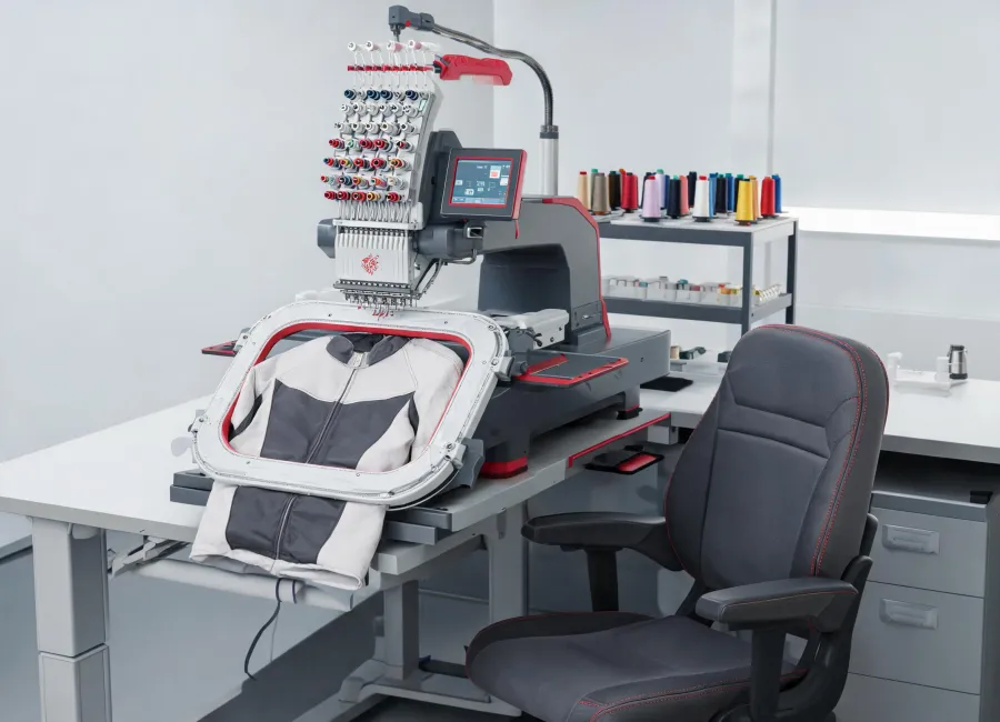 Single-head embroidery machine prepared for mixed garment orders