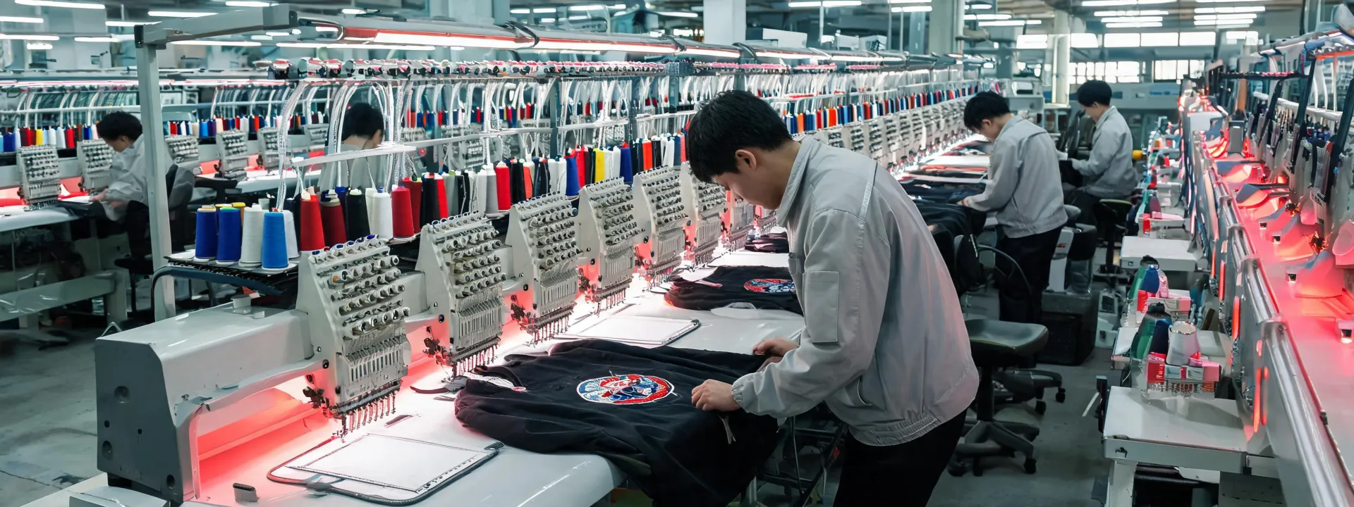Multi-head Tajima embroidery machine running a colorful jacket production order