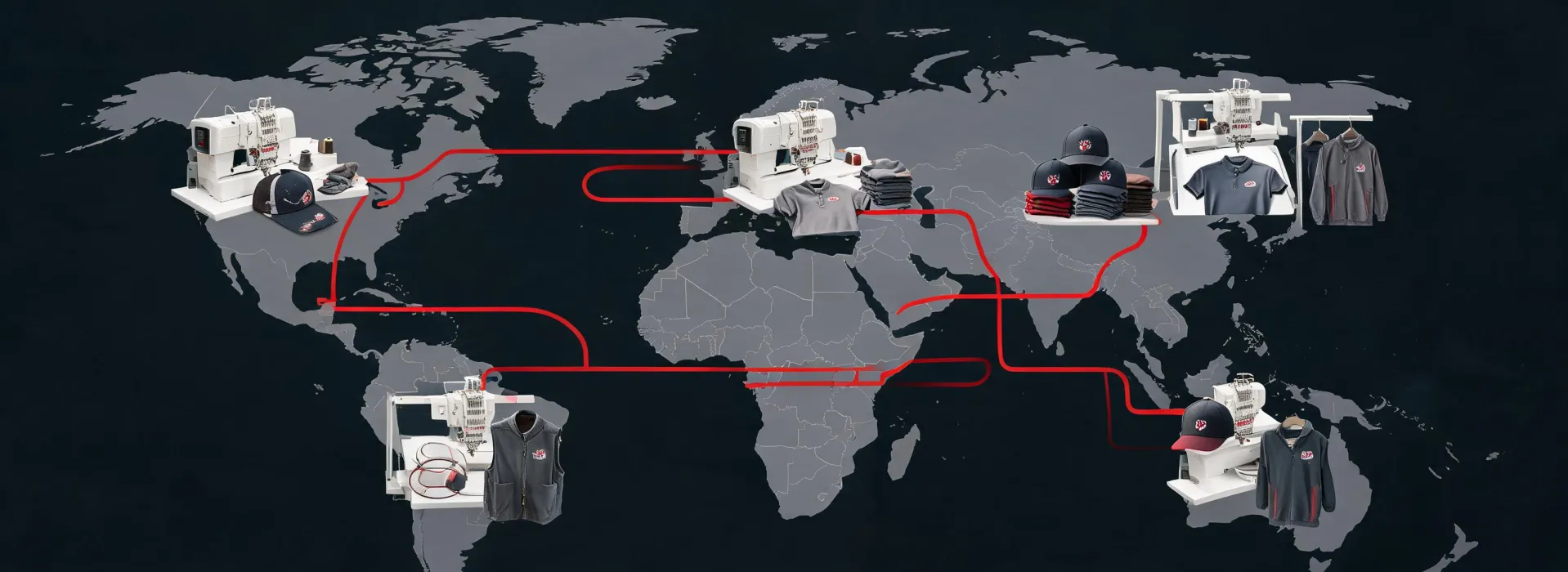 Global embroidery production map with apparel and headwear workshops