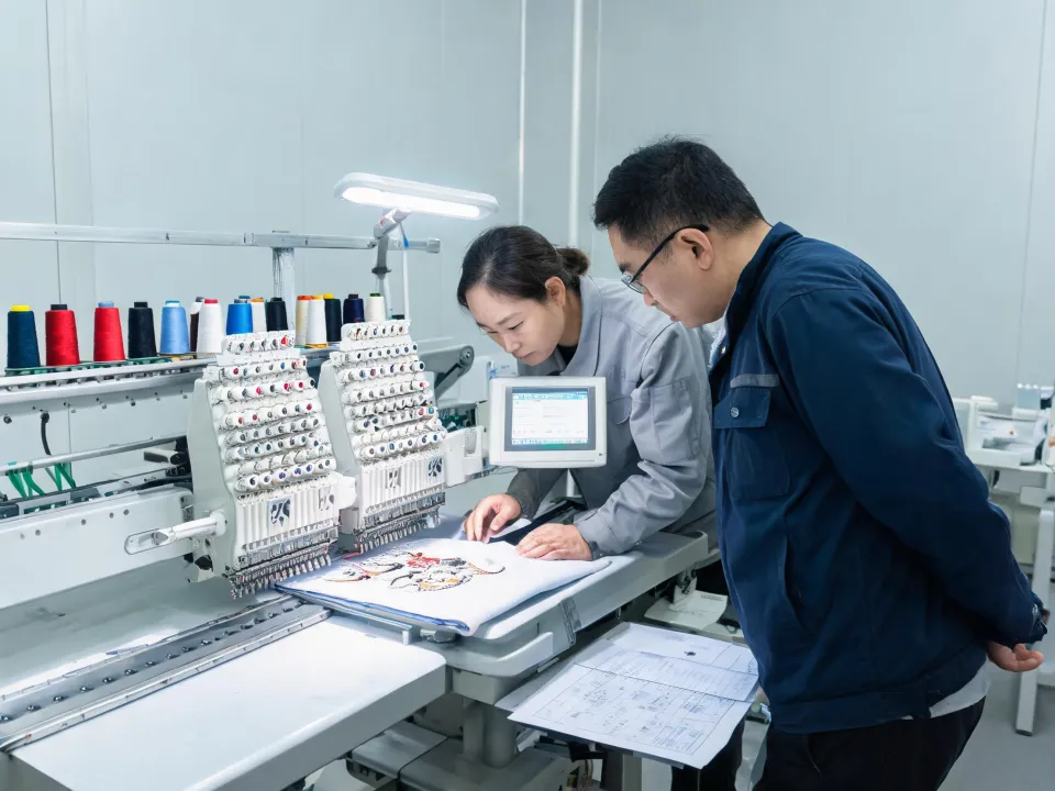 Application technician reviewing embroidery sew-out beside a Tajima machine